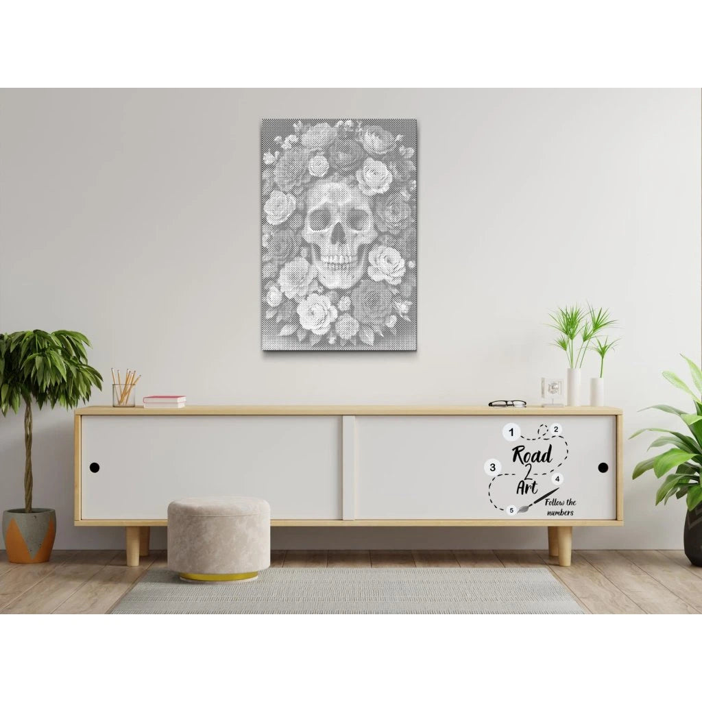 Skull in a Sea of Roses | Dot Painting Kit som færdigt mal med prikker motiv