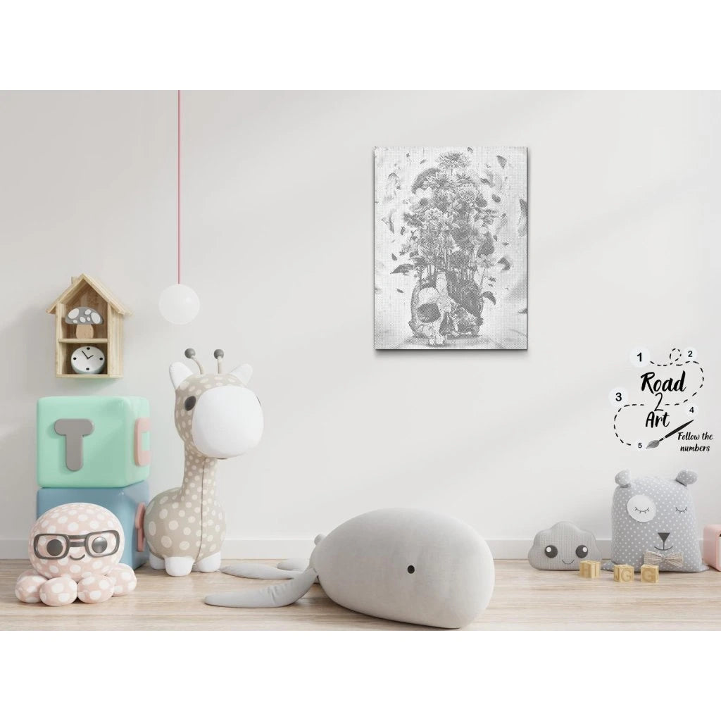 Skull Vase Floral Still Life | Dot Painting Kit som færdigt mal med prikker motiv