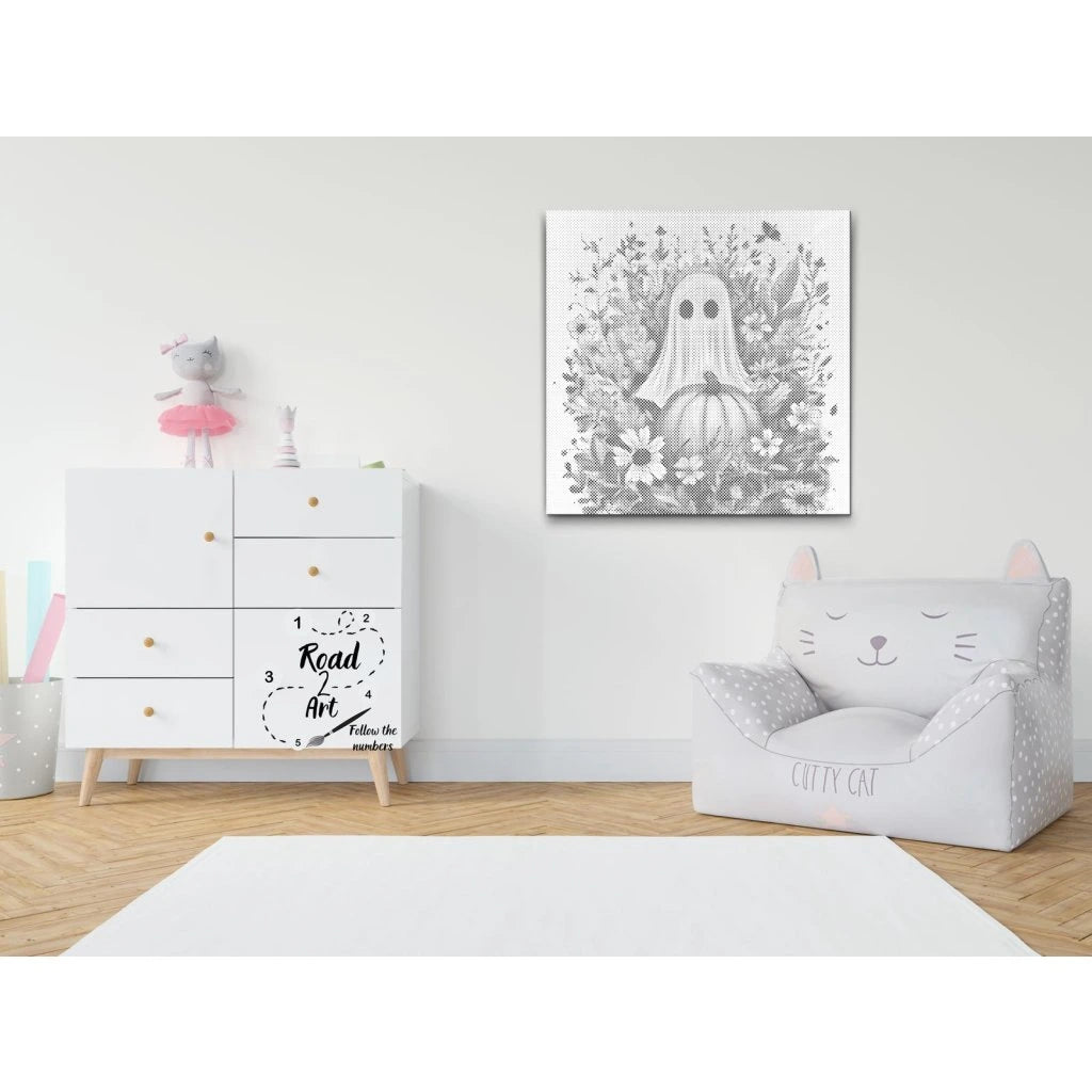 Ghost with Pumpkin and Flowers Halloween | Dot Painting Kit som færdigt mal med prikker motiv