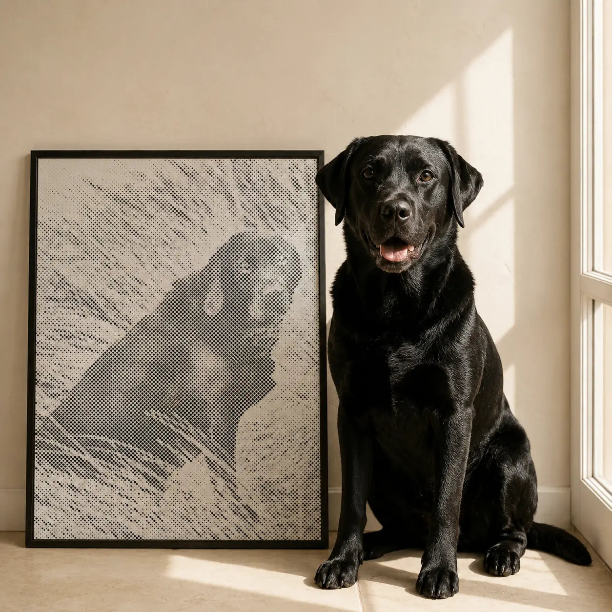Prikmaleri af eget foto med hund ved siden af det færdige billede