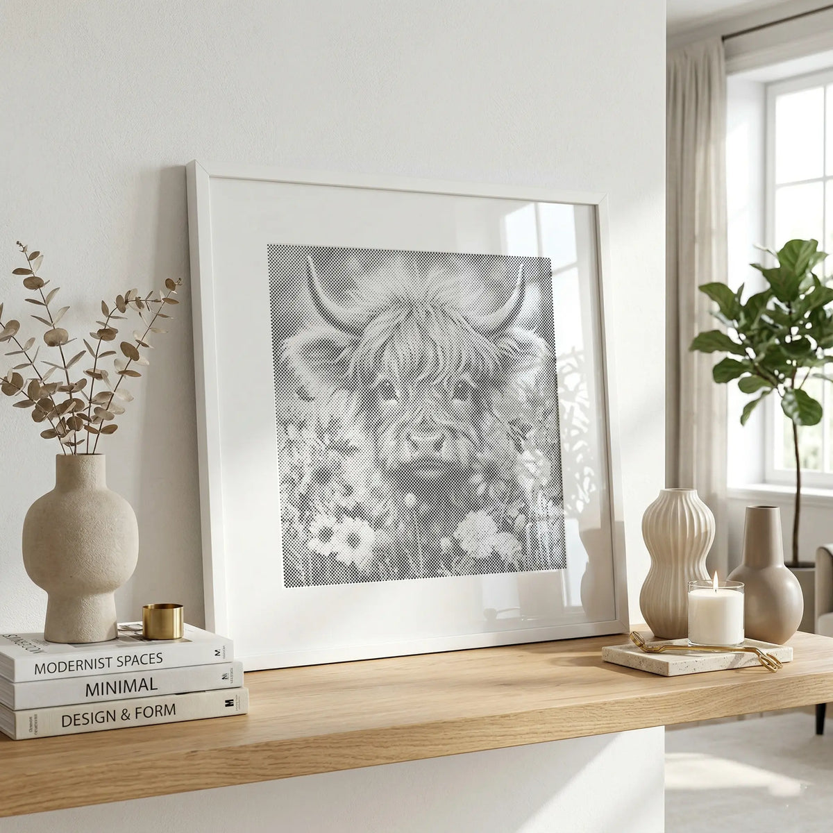 Highland Cow in Flower Field | Dot Painting Kit som færdigt mal med prikker motiv