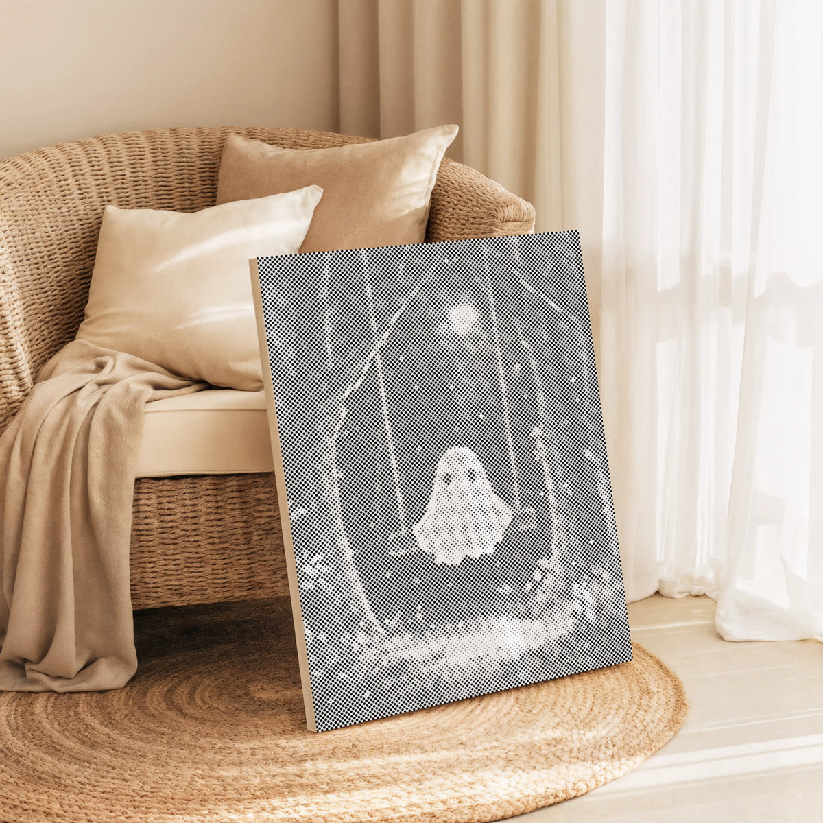 Little Ghost on a Swing | Dot Painting Kit som færdigt mal med prikker motiv