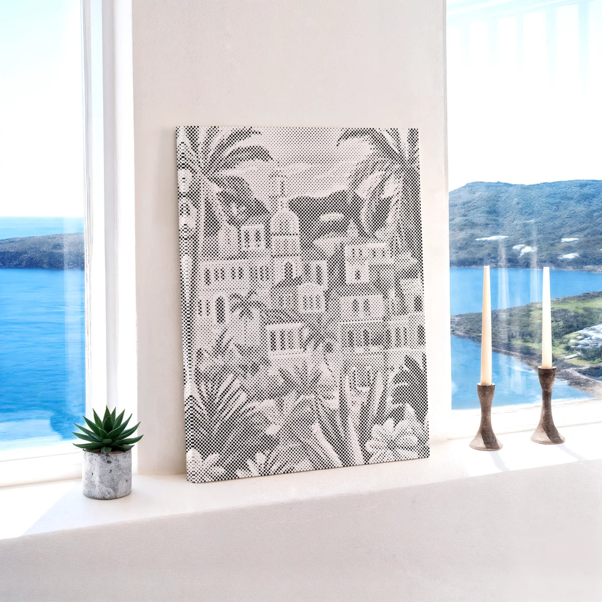 Mediterranean Palm City | Dot Painting Kit som færdigt mal med prikker motiv