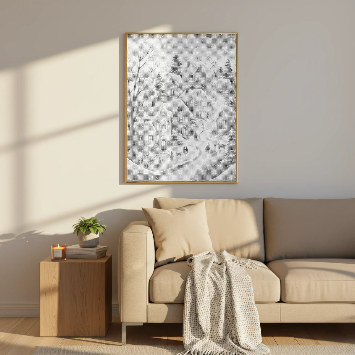 Winter Village in Snow | Dot Painting Kit som færdigt mal med prikker motiv