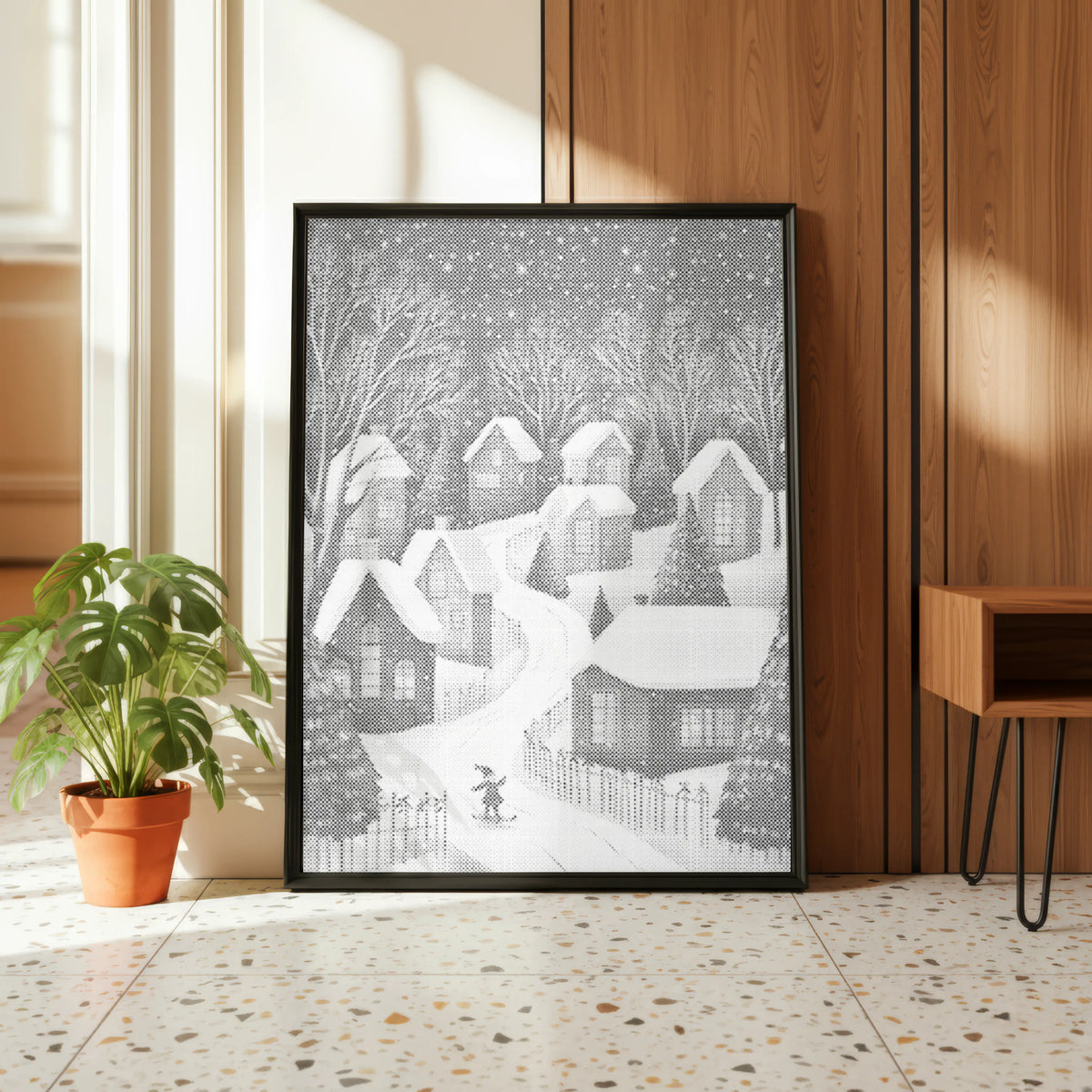 Winter Village with Skier | Dot Painting Kit som færdigt mal med prikker motiv